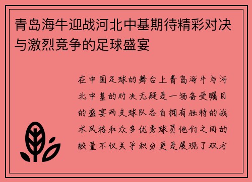 青岛海牛迎战河北中基期待精彩对决与激烈竞争的足球盛宴